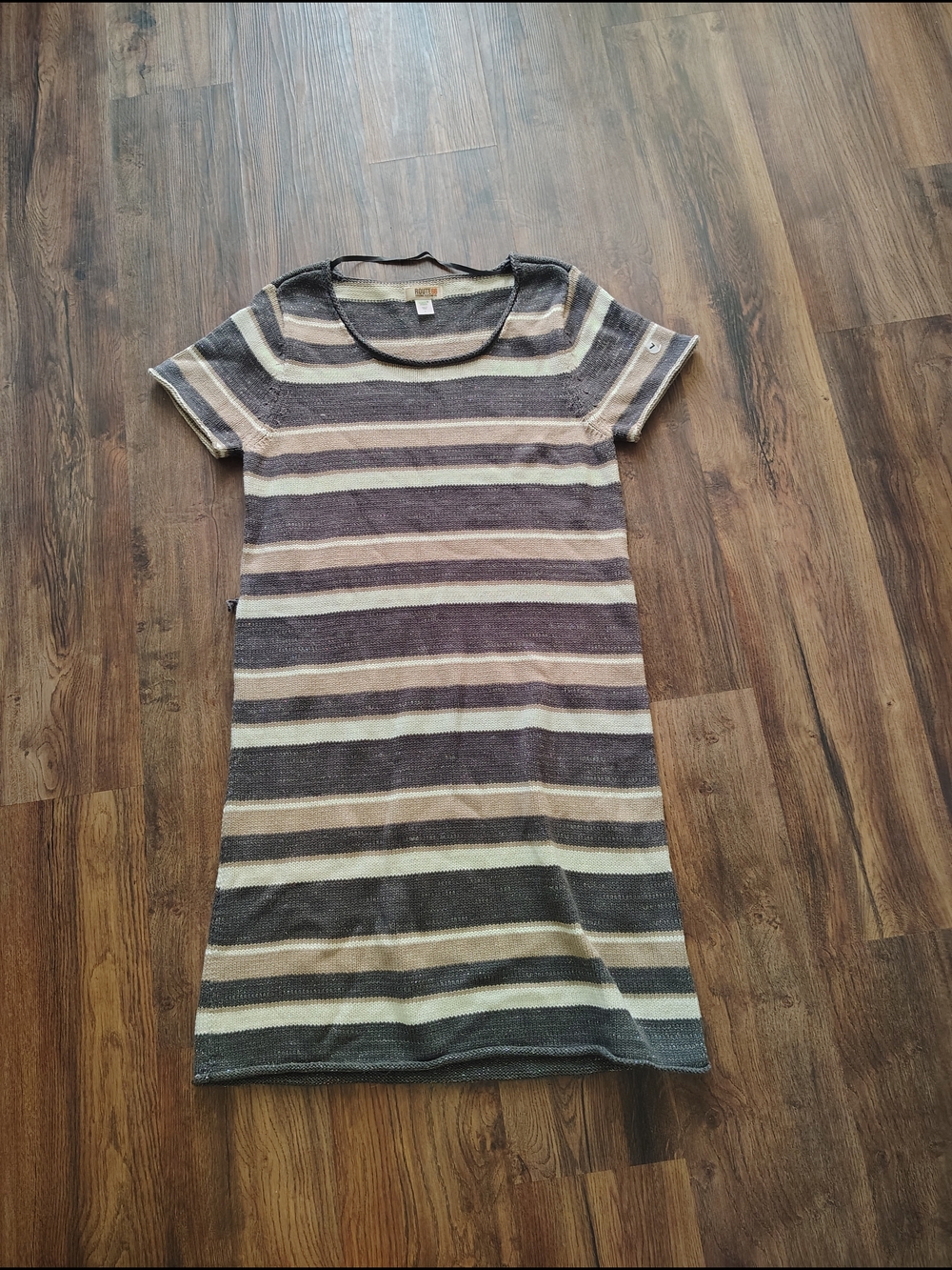 Route 66 Striped Short-Sleeve Mini Dress in Gray and Cream